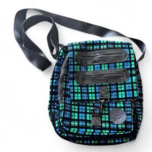 Fergie for Kipling Black and Green Plaid Crossbody Bag Purse Adjustable Strap